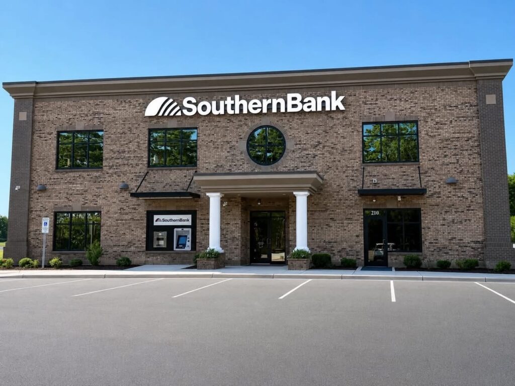 Brick bank building with Southern Bank sign, two white columns framing the entrance, and a circular window above the door seen from a parking lot.
